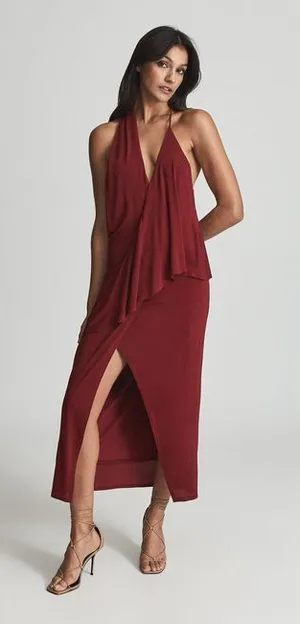 REISS Xena Halterneck Draped Maxi Dress Size UK 10/US 6 $345 Burgundy thumbnail 1