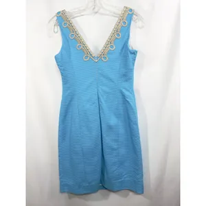 Lilly Pulitzer Size 00 Sheath Dress‎ Sleeveless Textured Gold Trim Blue 797 thumbnail 3