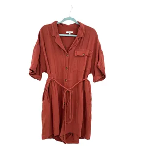 Madewell Lightspun Belted Safari Romper Shorts Short Sleeve‎ Gauze Rust Size XL thumbnail 3
