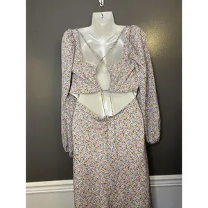 ASTR The Label Dress Womens Medium Blue Floral Cutout Maxi Long Sleeve Boho thumbnail 7