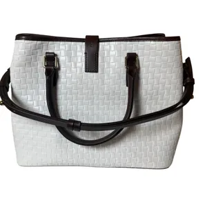DOONEY & BOURKE Woven Leather Embossed Satchel Bag White Brown Trim Quiet Luxury thumbnail 4