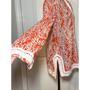 Tory Burch Orange Coral Print Cotton Tunic Top Herringbone Trim Size 8 thumbnail 3