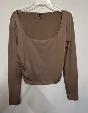 SHEIN Womens Taupe Brown Square Neck Ruched Side Long Sleeve Crop Top Size L thumbnail 1