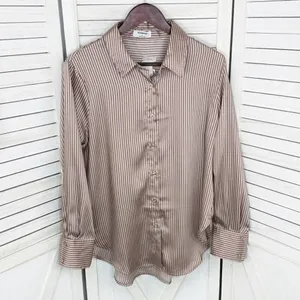 The Workshop Satin Pinstripe Oversized Button Up Shirt Mocha Medium Boyfriend‎ thumbnail 10