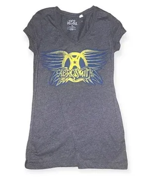 Mudd Women's shirt Size Juniors medium Aerosmith rock band gray baby tee thumbnail 1