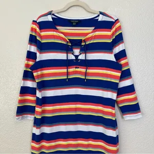 Lauren Ralph Lauren Multi Striped Lace Up 3/4 Sleeves Midi Dress, Size XL thumbnail 3