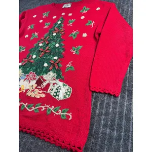 Vintage 90s Christmas Sweater TIARA Women L Red Tree Embroidered‎ Embellished thumbnail 9