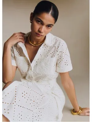 Sezane Adele Short Sleeve Embroidered Midi Dress Eyelet Collar Ecru FR 36 US 4 thumbnail 5