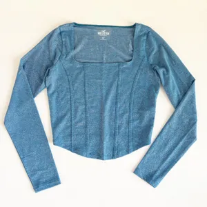 Hollister Womens Blue Metallic Shimmer Corset Seam Y2K Glam Long Sleeve Top‎ M thumbnail 1