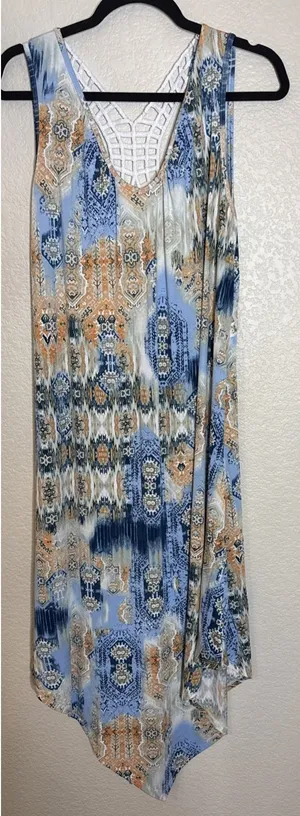 One World Womens Large Colorful Sleeveless Floral Midi Dress Crochet‎ Back Boho thumbnail 1
