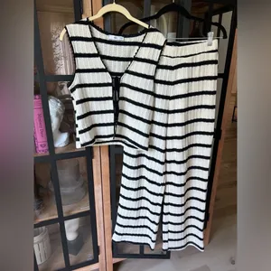Mango knit set tie front top pants striped white black cream sleeveless long thumbnail 2