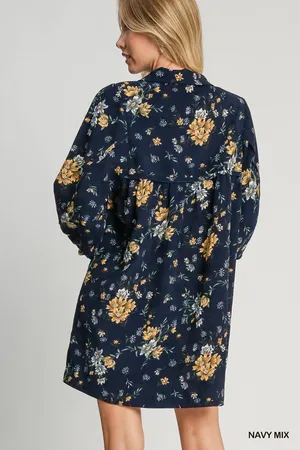 Umgee Floral Detail Collared V-Neck Corduroy Balloon Sleeve Dress Navy thumbnail 2