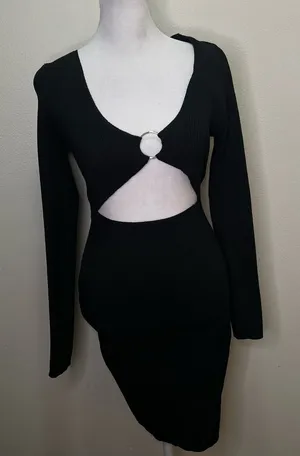 Pretty little thing black ribbed‎ knitted long sleeve Cut-Out Dress size M thumbnail 1