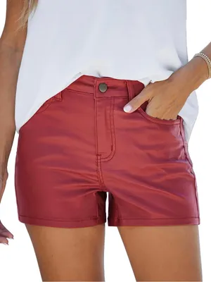 High-Rise Faux Leather Shorts in Wine Red thumbnail 1