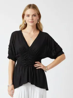 Free People Black Short Sleeve Gather Waist Top S thumbnail 1