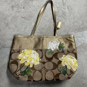 COACH Brown Signature Floral Embroidered Jacquard & Gold Leather Satchel Tote thumbnail 1