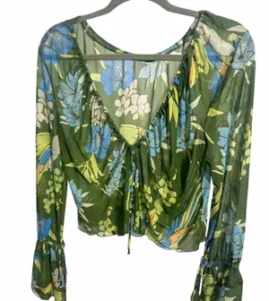 Free People $78 Of Paradise Top Tropical Floral Sheer Cropped V-Neck Blouse M thumbnail 1