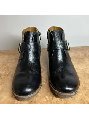 Korks Black Leather Buckle Ankle Boots Women's Size 8 39 Comfort Block Heel thumbnail 2