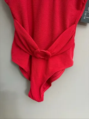 LOFT Bright Red Textured One-Piece Swimsuit with Front Twist size L thumbnail 4