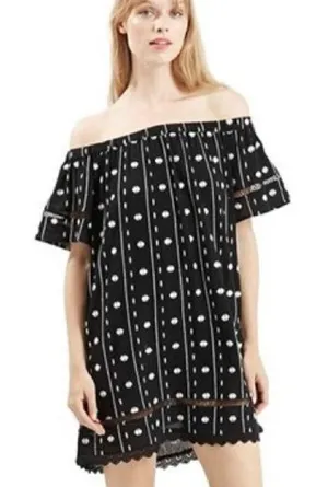 Topshop Dress Women 2 Black White Embroidered‎ Off The Shoulder Tunic Mini thumbnail 1