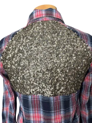 Free People Plaid Button-Down Tunic Shirt Gold Sequin Shoulder Accents S/P thumbnail 4