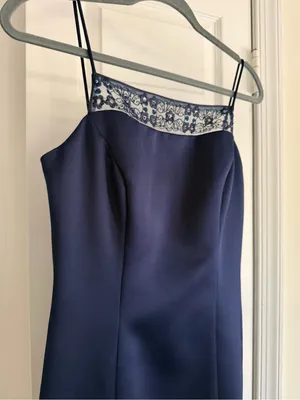 Vintage Y2K Alex Evenings Navy Satin Lace Sequin Open Back Maxi Dress Size 6 thumbnail 7