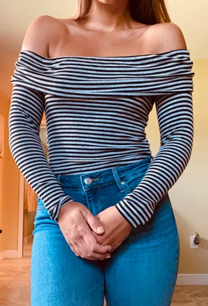 Charlotte Russe Black & White Striped Off The Shoulder Top thumbnail 2