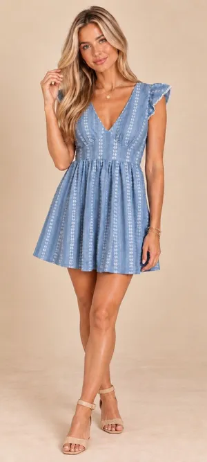 Peyton & Parker Chambray Floral Embroidered Flutter Sleeve Mini Dress Small thumbnail 1
