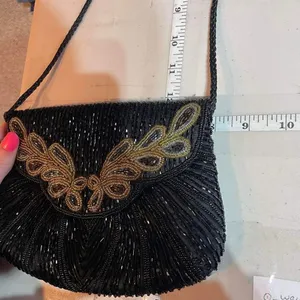 Vintage‎ Beaded Snap Flap Corded Strap Clutch Shoulder Bag Black Small Flapper thumbnail 9