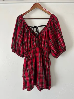 Old Navy Red Plaid Puff-Sleeve Mini Dress thumbnail 3