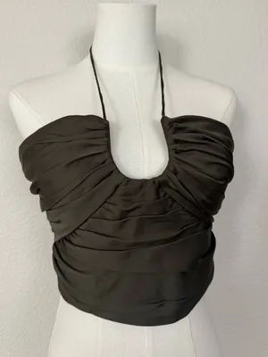 Zara Satin Effect Draped Halter Cropped Top in Dark Khaki Medium thumbnail 1