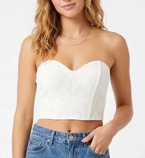 Off White Floral Lace Bustier Crop Top Sweetheart Strapless NWSP20-T7 Womens S thumbnail 1