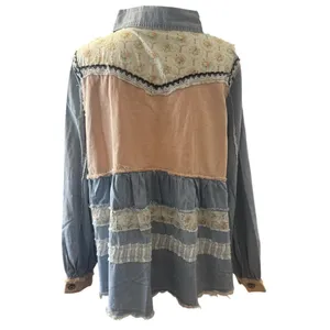 POL Patchwork Lace Tiered Denim Shacket Shirt Jacket Large Boho Cottagecore thumbnail 4