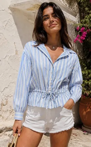Bellevue Casual Long Sleeve Arianna Stripe Button Down Shirt Blouse Top w/ Tie thumbnail 1