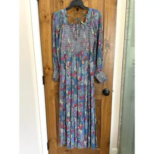 Gypsy Love Maxi Dress Med Tiered Balloon Sleeve Smocked Floral Mod Boho Peasant thumbnail 3