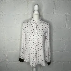 Loft Women's White‎ Red Green Berry Velvet Cuff Button Blouse Size Small thumbnail 2