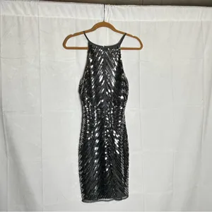 Lulus Silver Ace of Spades Gunmetal‎ Sequin Bodycon Mini Dress Size Small thumbnail 2