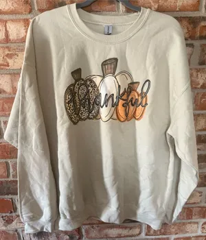 Gildan Cream Crewneck Sweater with Pumpkin 'Thankful' Graphic thumbnail 1