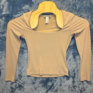 1929 | H&M Ribbed Square Neck‎ Long Sleeve Slim Fit Basic Top Beige Womens S thumbnail 1