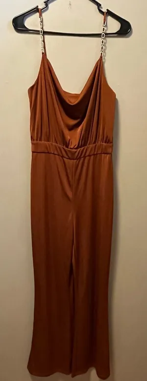 Jason Wu Emmett Burnt Orange Rhinestone Cowl‎ Neck Jumpsuit Size Medium thumbnail 1