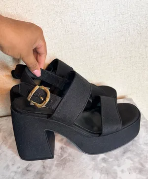 Steve Madden Black Platform Block Heel Sandals with Gold Buckle thumbnail 1