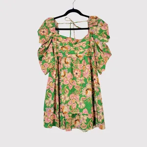 Misa Dress Green Kate Mini Ruched Puffed Floral Pintuck Tie Back A Line Boho XS thumbnail 2