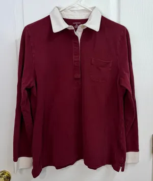 Lands' End maroon collared layered cotton stretch button‎ neck polo shirt XL thumbnail 1