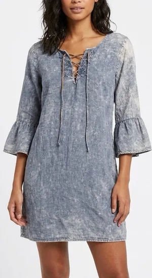 Kori Washed Denim Blue Lace-Up Bell Sleeve Mini Dress thumbnail 1