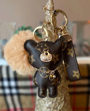 Leather Bear Monogram Keychain Keyfob Brown thumbnail 1