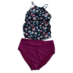Tempt Me Floral Tankini‎ Top & Kathy Ireland High Waist Bottoms Set XL Purple thumbnail 2