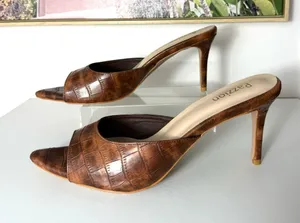 Pazzion Brown Crocodile Embossed Stiletto Mule Heels Open Toe Size 11 3.5in thumbnail 1