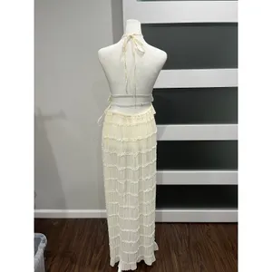Cream Pleated boho Halter top Maxi skirt ruffle Tiered Open Back Resort‎ S thumbnail 5