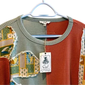 Easel Daisy Patchwork Top Multicolor Boho Waffle Knit Long Sleeve Women‎ Small thumbnail 4