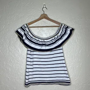 Lilly Pulitzer Perelle‎ Off Shoulder Stripe Ruffle Sweater Top Navy Gold Large thumbnail 2